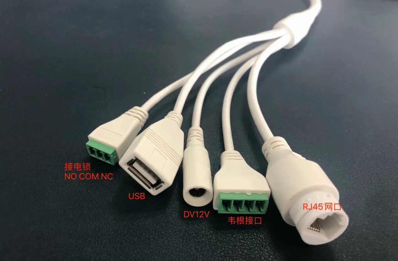 P8 掌静脉门禁线材：电锁、USB、DC12V、韦根和 RJ45